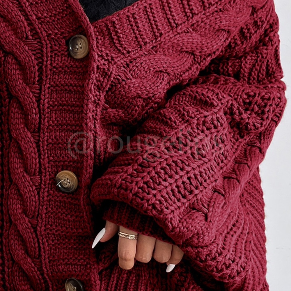 Oversized Burgundy Cable Knit Cardigan Long Sleeves Hip Length Buttoned - Picture 7 of 11